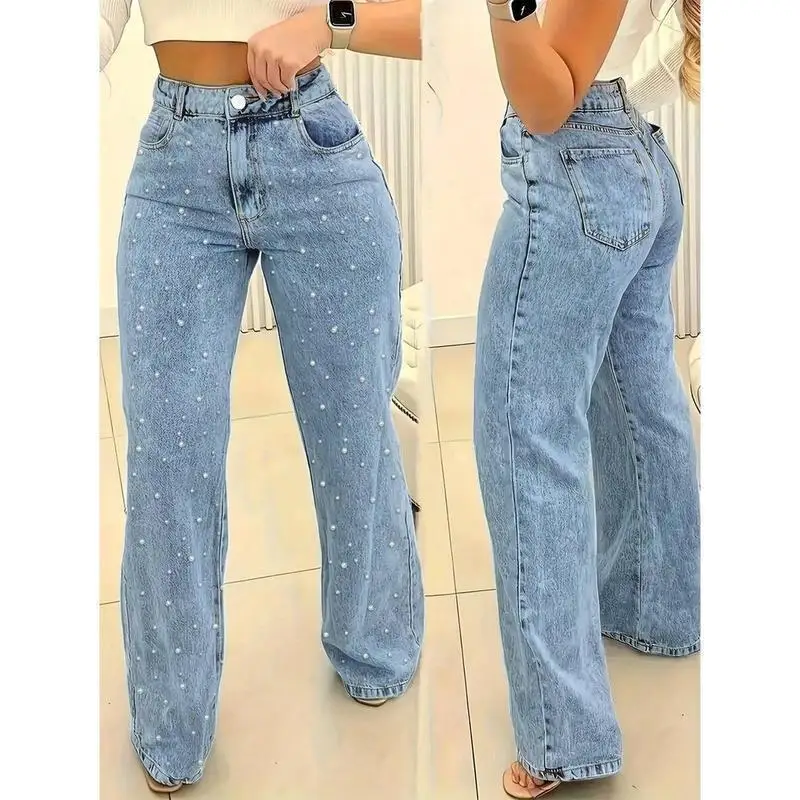 High Waisted Distressed Denim Pants Women's Pearl Jeans Vintage Style Loiretta Fashion Summer Collection Elastic Waist
