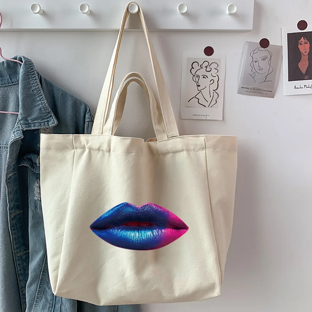 Women's Bag Cheap Casual Large Capacity Shoulder Bags Shopper Canvas Fashion Harajuku Mouth Print Shopping Handbags Beach Bag