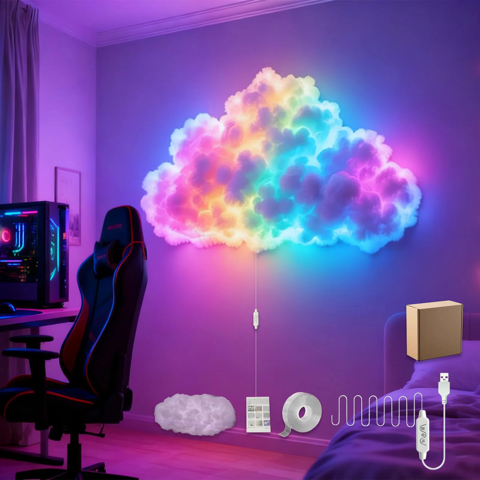 

3D-светильник «Большая облако-молния» с USB-питанием, синхронизацией музыки и изменением цвета, светодиодный, для взрослых и детей, для дома, спальни