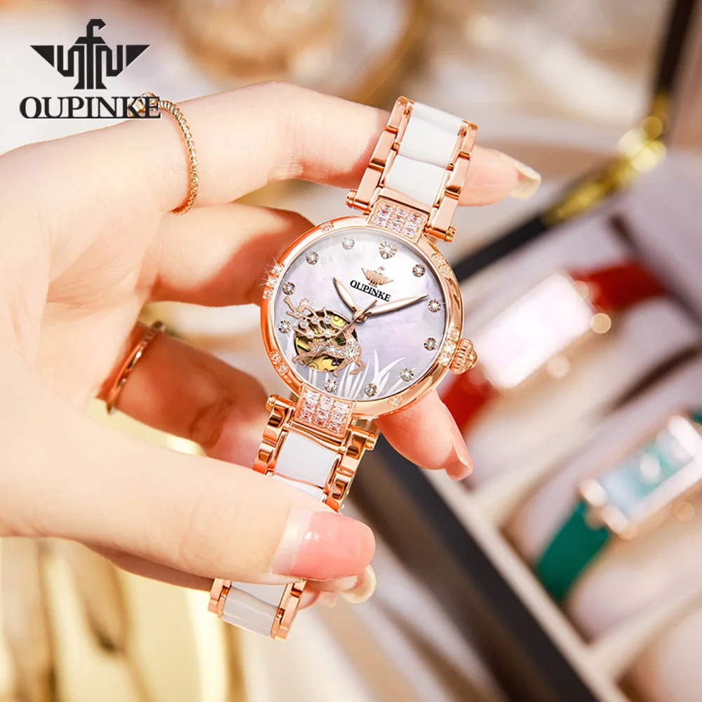 OUPINKE 3211 All Automatic Women Watch Hollow Brand Automatic Mechanical Watch Elegant Rose Diamond Ceramic Women Bracelet Set