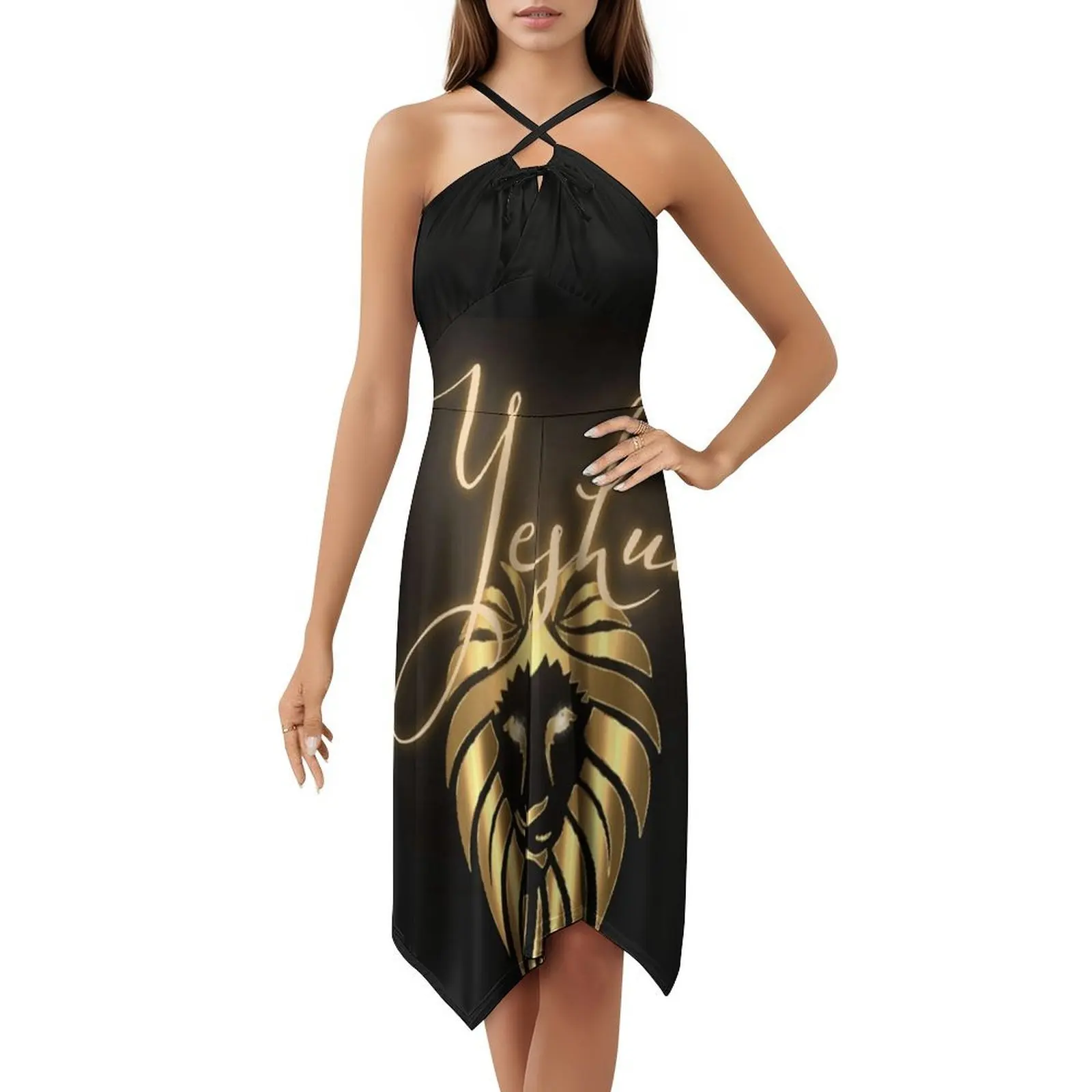 イエシュア・ゴールド・ライオン・オブ・ユダ。 ボヘミアン ノースリーブ ドレス マルチプリント ビーチ バケーション パーティー ドレス イェシュア イエス イェシュア クラシック 女性