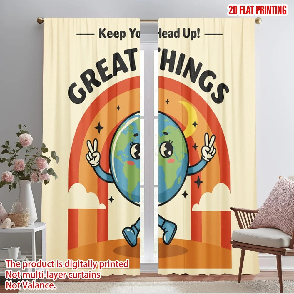 

2pcs 2D flat printing Window Curtains Great Things Are Coming Polyester Without Electricity Party Decorations Perfect for Wall