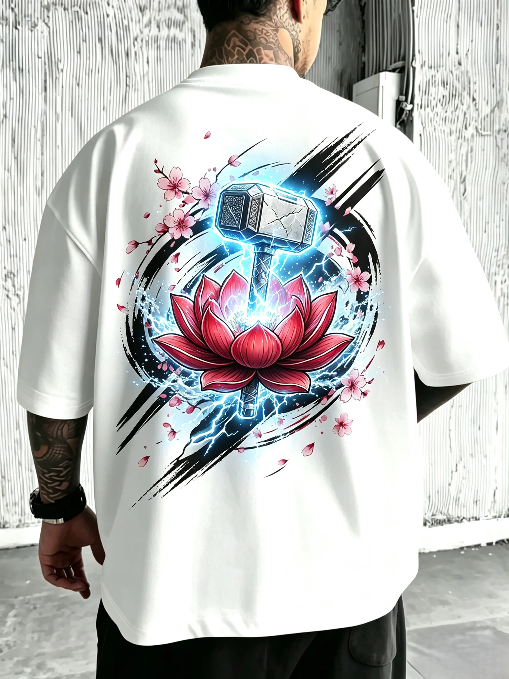Camiseta Unisex con Estampado de Flor de Cerezo y Loto Rojo, Círculo de Rayo Mjolnir, Diseño Floral Oriental en la Espalda, Estilo Harajuku, Holgada, Streetwear