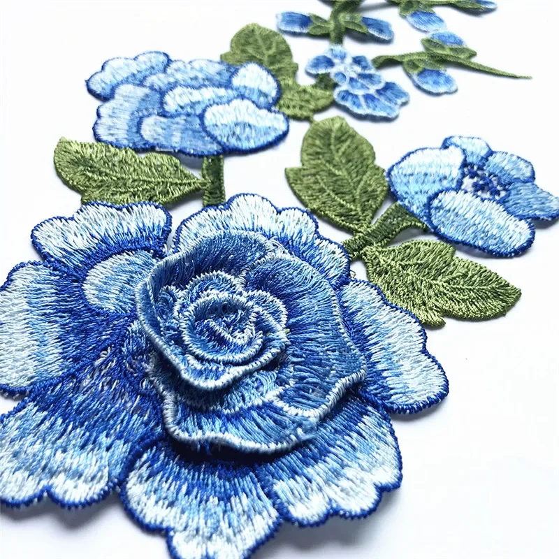 29CM Red Blue Embroidered Sew Patch Rose Flowers 3D Peony Wedding Appliques Lace Trims For Bride Evening Dress DIY Decoration