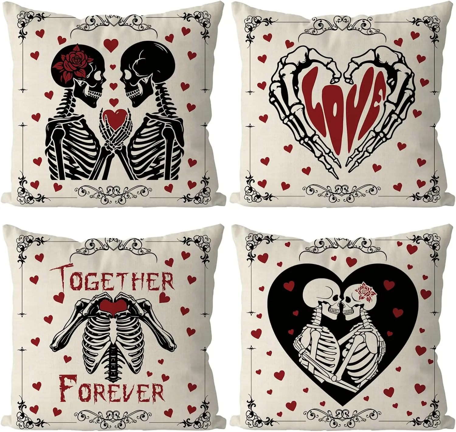 

4-Pack Goth Valentine's Day Pillow Covers, Spooky Skull Skeleton Gothic Decorative Cushion Cases for Sofa Home Decor Gift