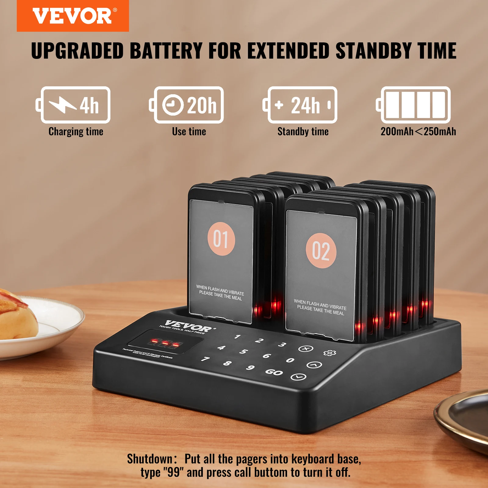 VEVOR Restaurant Pager System, Wireless 400m Long Range Lineup Waiting Queue Signal,Guest Calling Beepers w/Vibration & Flashing