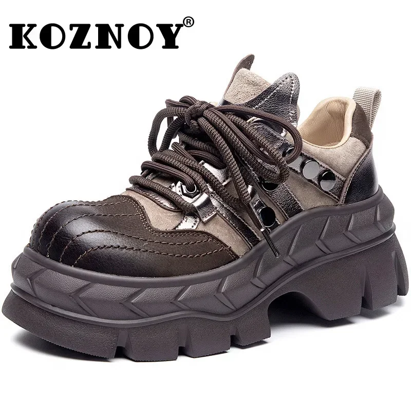 

Koznoy 7.5cm Pigskin Suede Genuine Leather Autumn Fashion Spring Punk Luxury Round Toe Women Moccasins Gothic Motorcycle Shoes