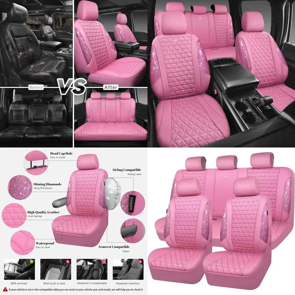 

Glittering Pink Crystal Car Seat Covers Waterproof Full Set for Women, Girls, SUV, Truck Interior Decor