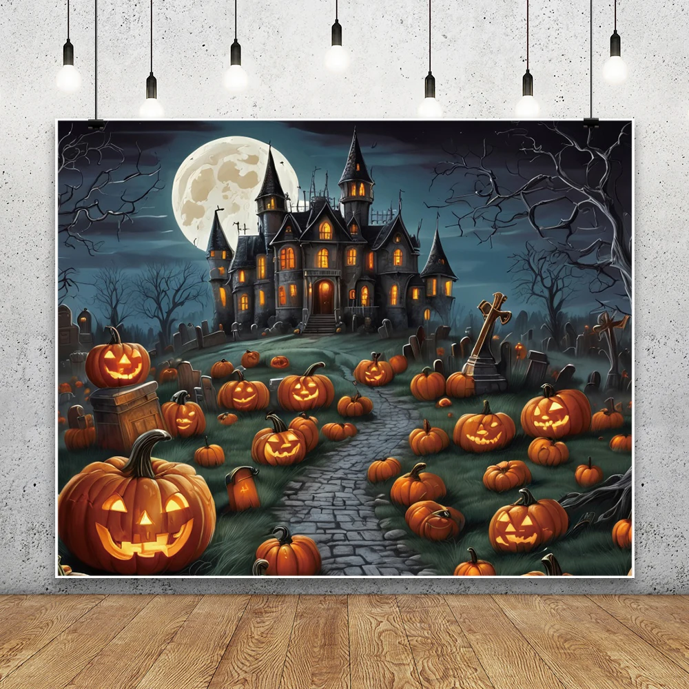 خلفية للتصوير الفوتوغرافي لبيوت القرع للهالوين، مشهد مقبرة قلعة الليل المظلم للأطفال، خلفية صورة للحفلات
