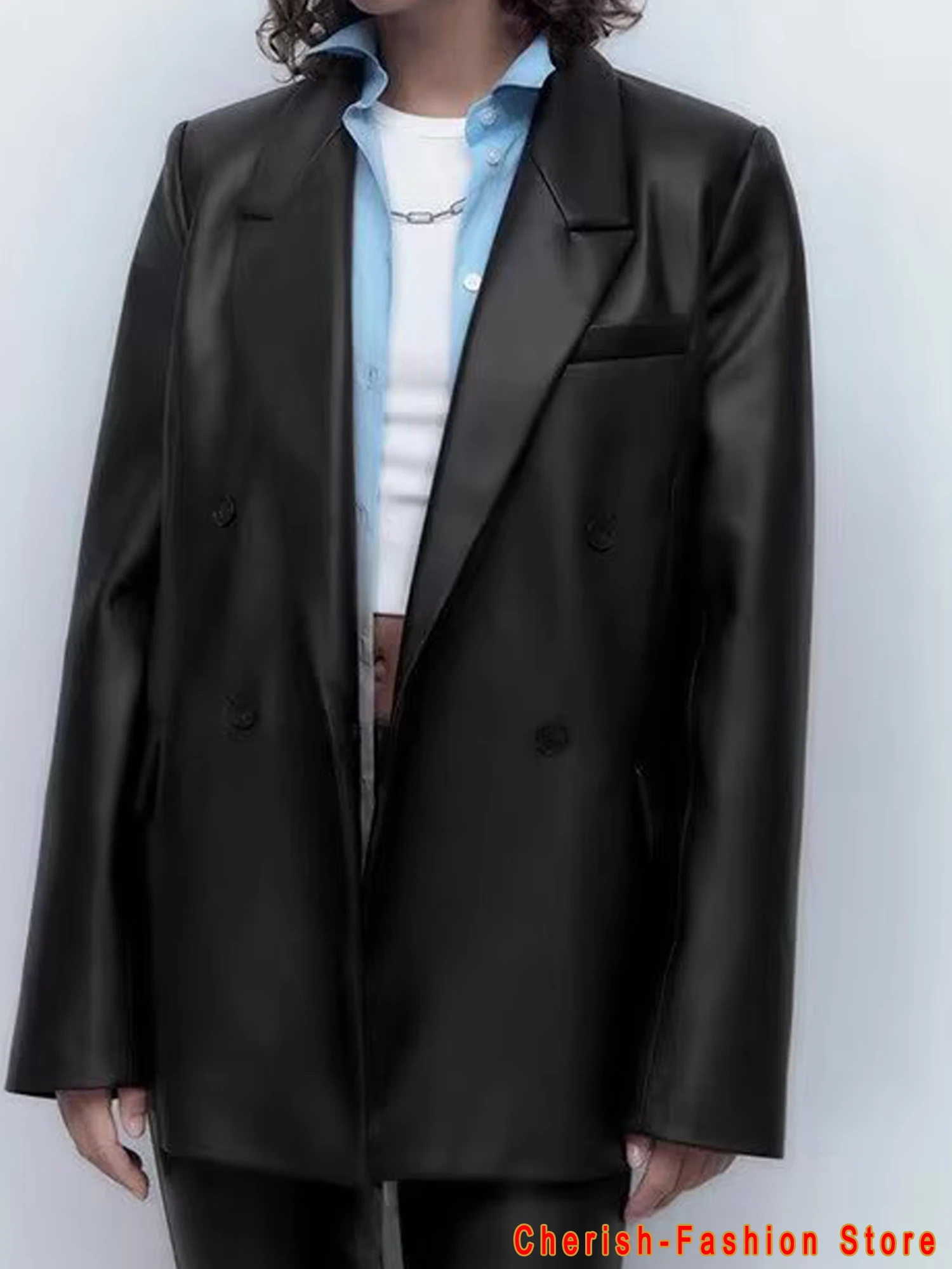 Blazer de cuero básico para mujer, chaqueta lisa de manga larga, color negro, Estilo Vintage, otoño, 2023