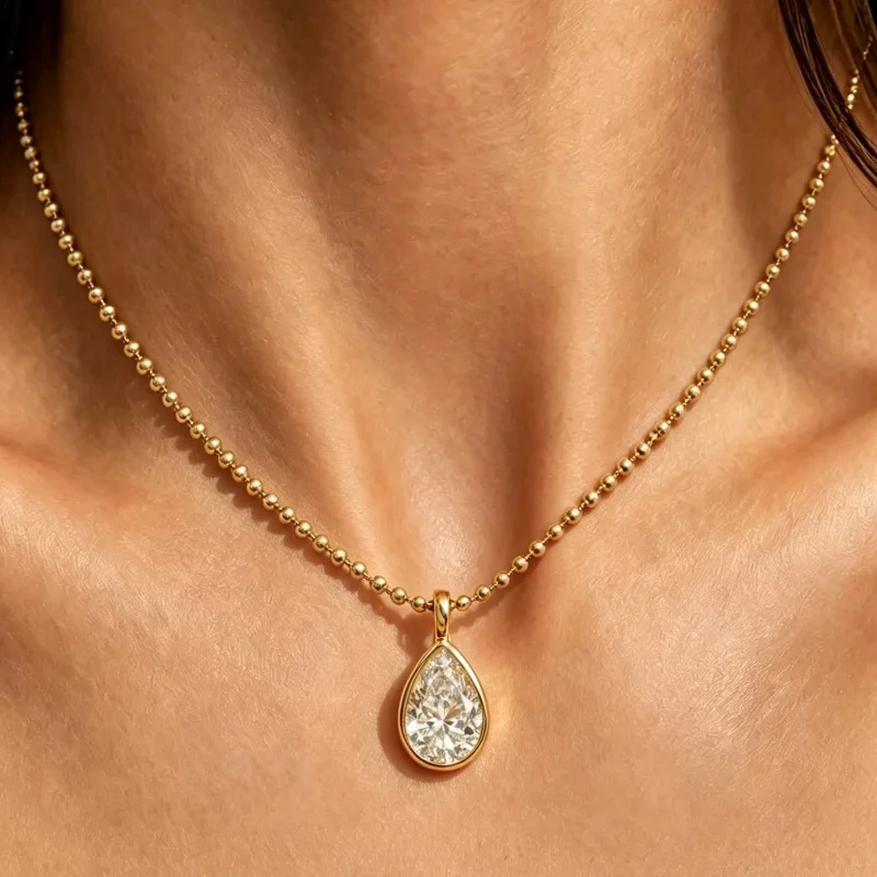 2ct Diamant-Anhänger-Halskette mit Perlenkette, oval geschliffen, echtes 14K 18K Gold, Charms, schlicht, klassisch, für Damen, edler Schmuck, Geschenk, Party – Detail 8