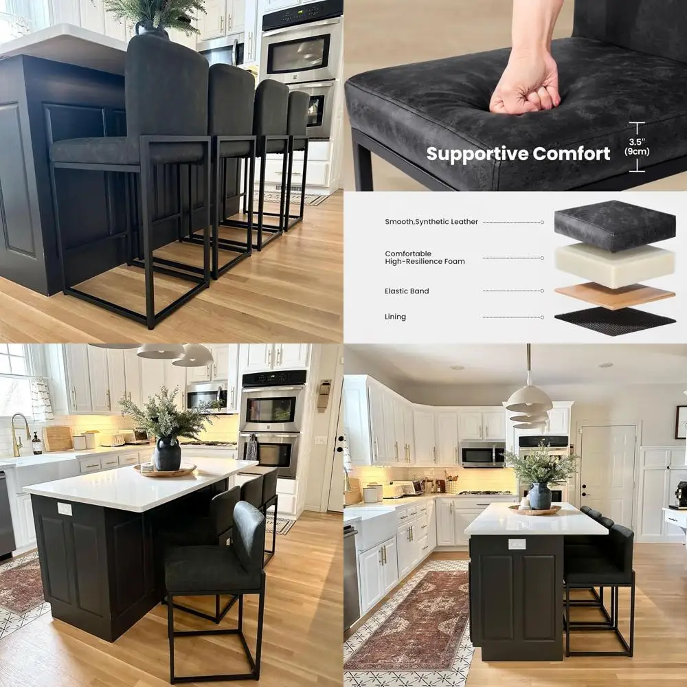 Set 4 Kursi Bar Kulit Sintetis Tinggi 24'' dengan Sandaran, Kursi Bar Dapur