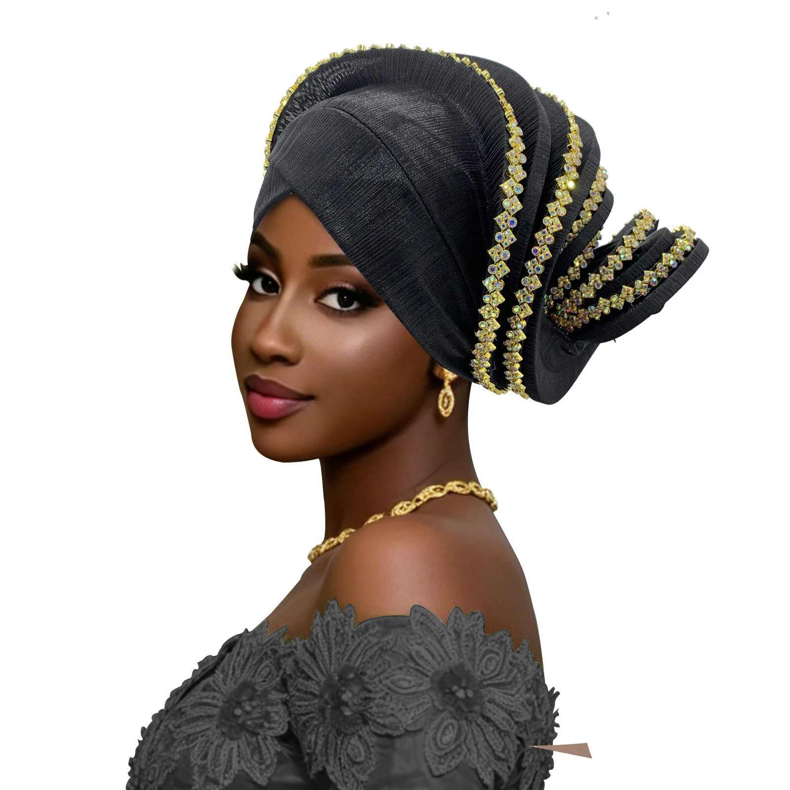 Gorro Turbante Espiral con Adornos Dorados para Mujer, Pañuelo para la Cabeza Estilo Africano, Ideal para Bodas y Fiestas, Listo para Usar, Auto Gele