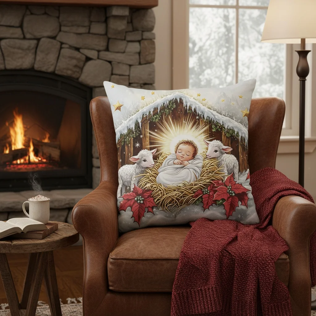 Set Of Four Christmas Nativity Scene Pillow Covers Measuring 18X18 Inches Featuring A Vintage Design Made From Fabric And Polyes