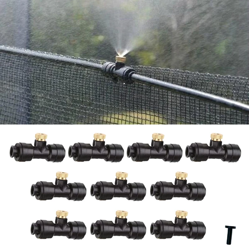 10Pcs/lot Misting Fog Nozzles with Quick Access Tee Connector Garden Landscaping Irrigation Sprayers