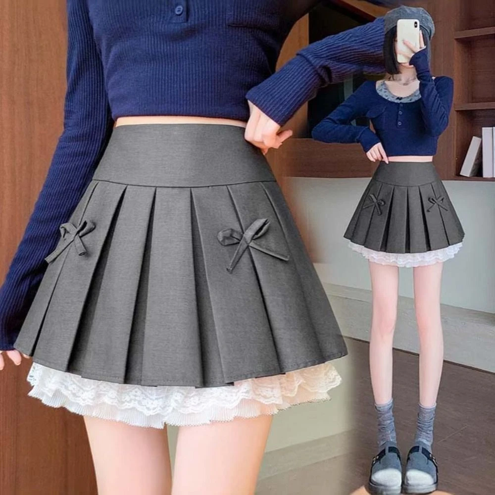 

Fashion Lace Pleated Mini Skirts Ruffled A Line Suit Mini Skirt Korean Style JK Dress Bowknot High Waist Skirt Business