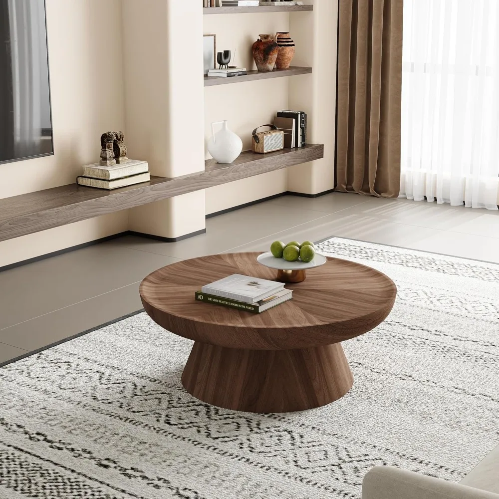 

Round Coffee Table for Living Room Modern Wood Raised Edges Coffee Table, Circle Center Table Accent Tea Table for Small Space