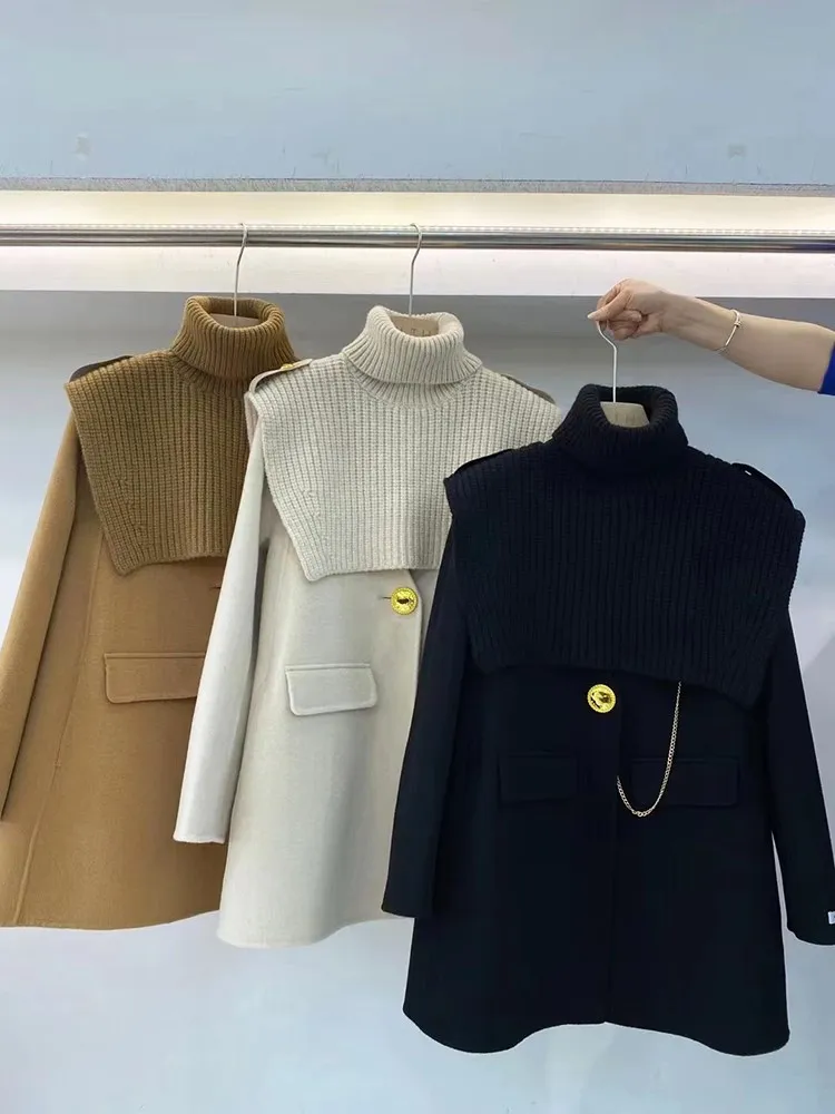 Mantel wol cantik, Turtleneck dapat dilepas dua sisi mantel kasmir gaya Inggris satu kancing A Line jaket musim gugur musim dingin