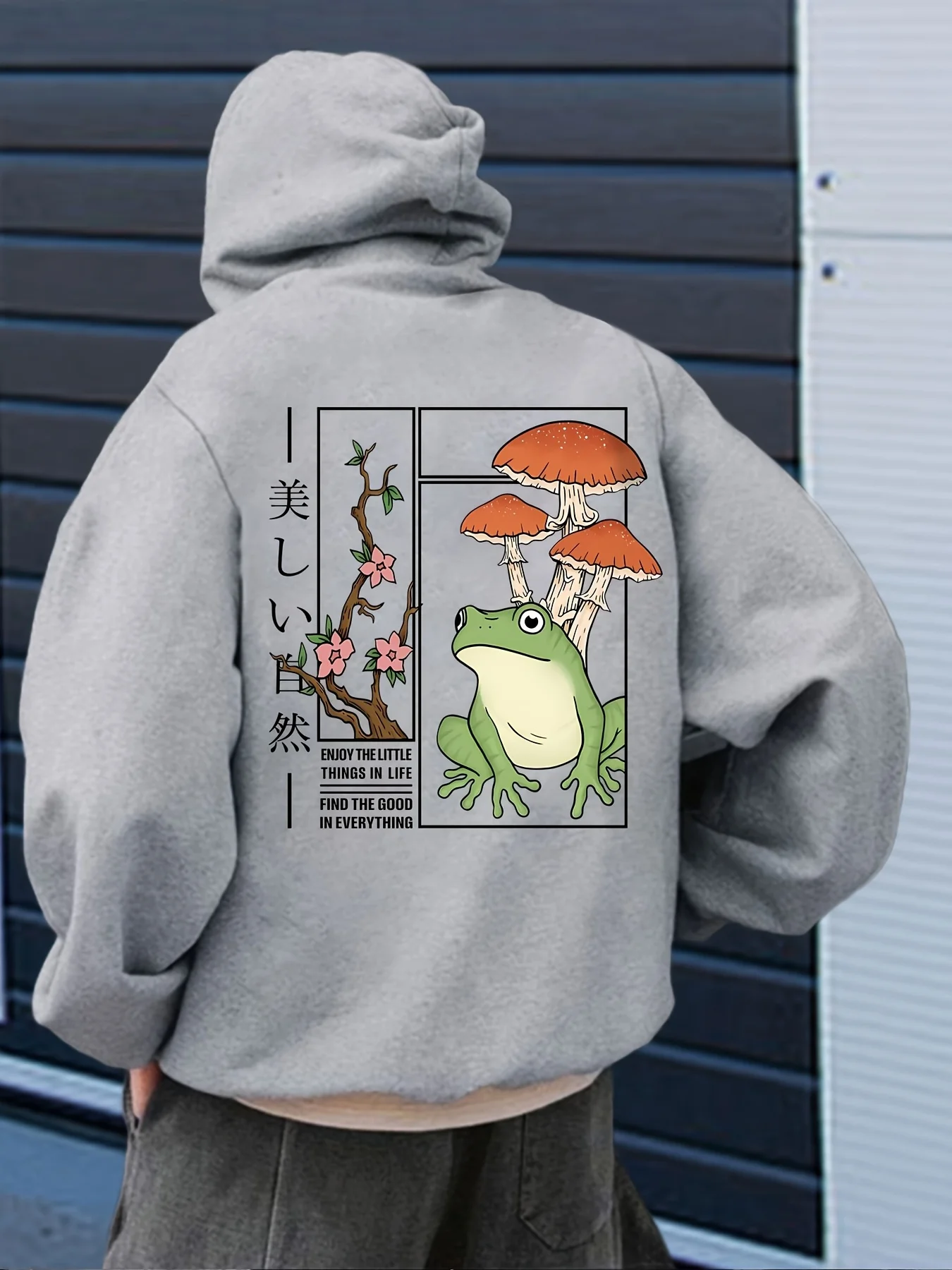 Japanese Frog Mushroom Printed Fleece Hoodies Mens Warm Winter Athletic Sportswear Sweatshirt Casual Loose Workout Pullover Top