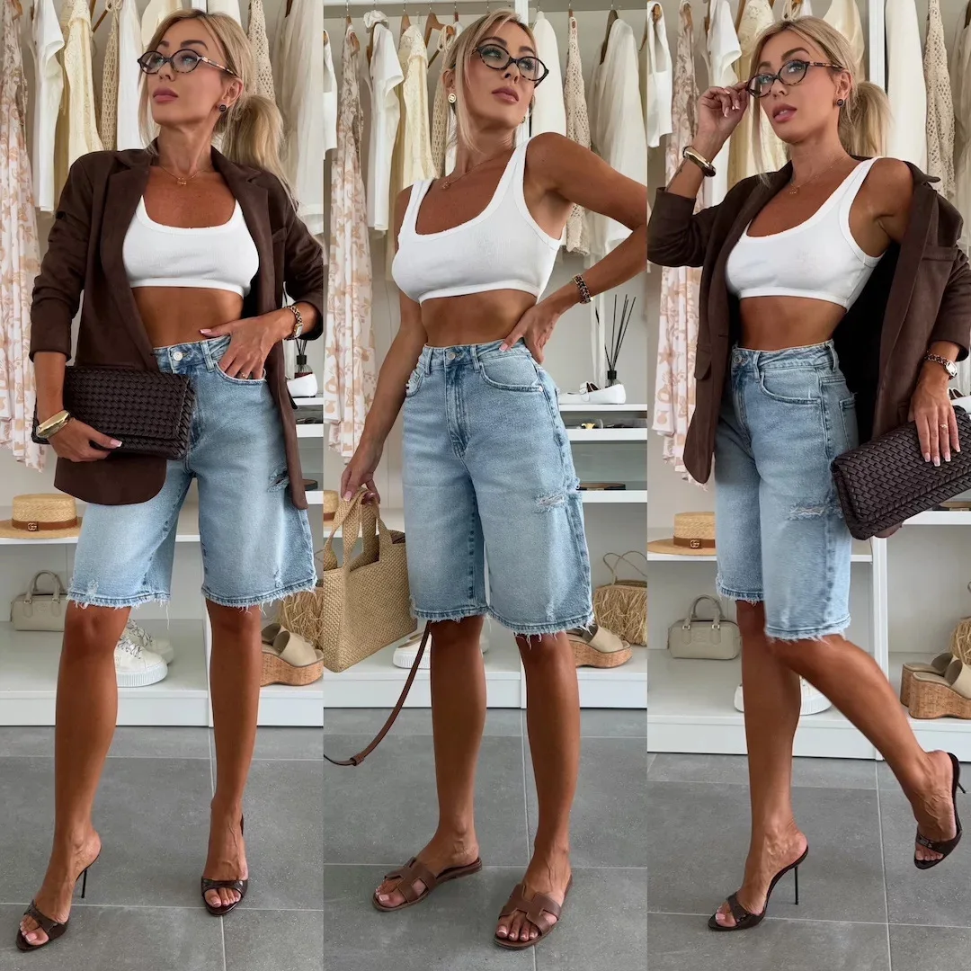 

Shorts 2026 European and American summer new urban casual loose washed ripped hole women's denim shorts