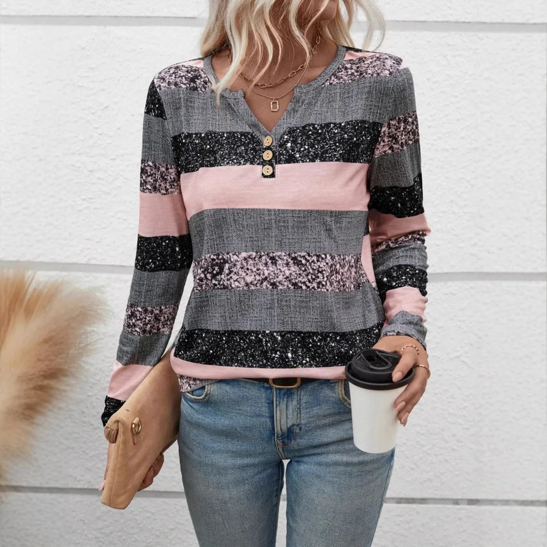 Europe And The United States Spring And Autumn Winter Long-Sleeved Striped V-collar Stitching Casual Commuter Blouse Women