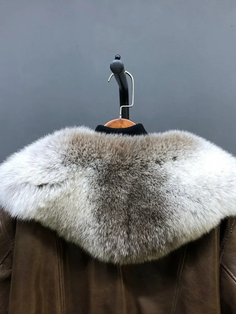 Luxury Winter Women Fox Fur Collar Goose Down Jacket Loose Fit Oil Wax Real Sheepskin Genuine Leather Jacket Thick Warm Overcoat