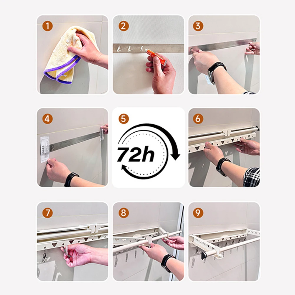1 Stück einziehbarer Wäscheständer – unsichtbarer faltbarer Kleiderbügel mit 7 Clips für den Innenbereich im Balkon, Wäscherei-Organizer ohne Bohren – Detail 10