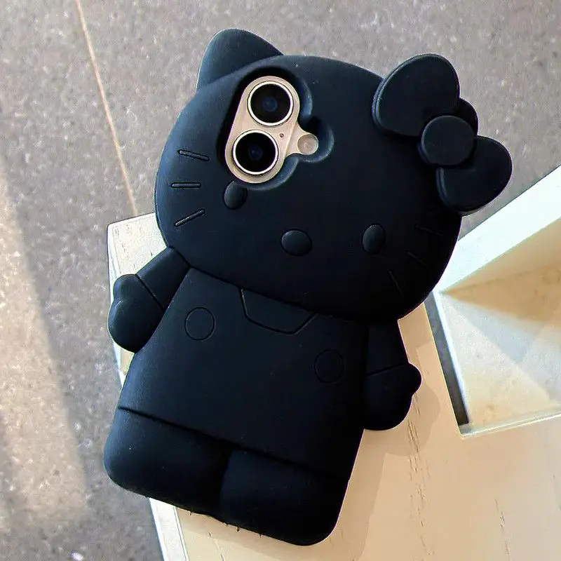 

Black 3D Cartoon Hello Kitty Silicone Phone Case for iPhone 16 Pro Max 15 Pro 14 Plus 13 12 New Full Coverage Phone Cover