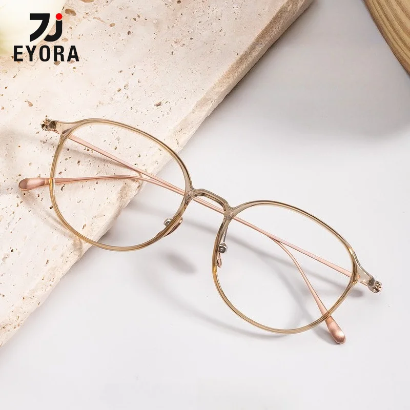 EYORA Ultralight Half Ti Round Reading Glasses for Women Anti Blue Light Photochromic Glasses Optical Lenses with Prescription