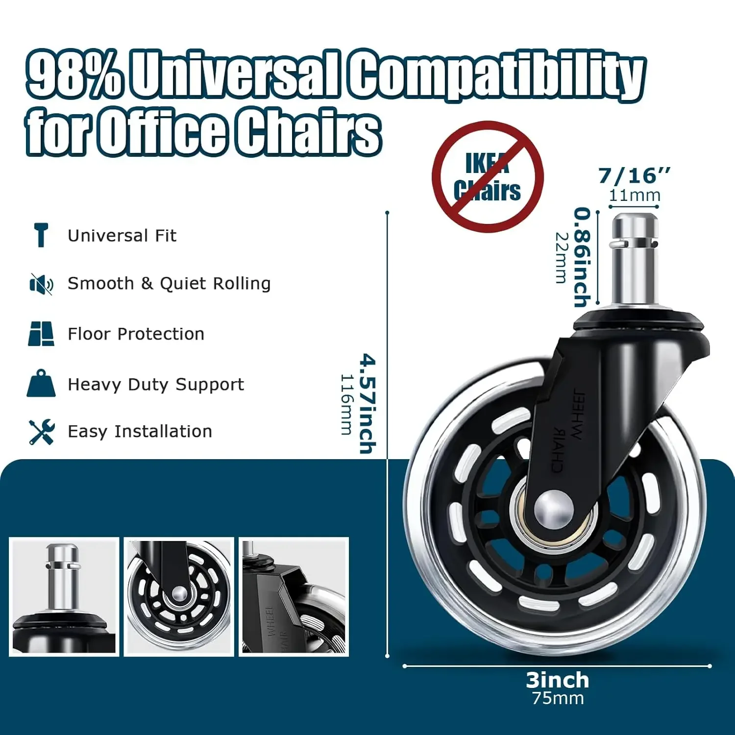 3 Inch Office Chair Wheels Set of 5, Casters 880LBS Load Bearing, Universal 11mm Stem Replacement