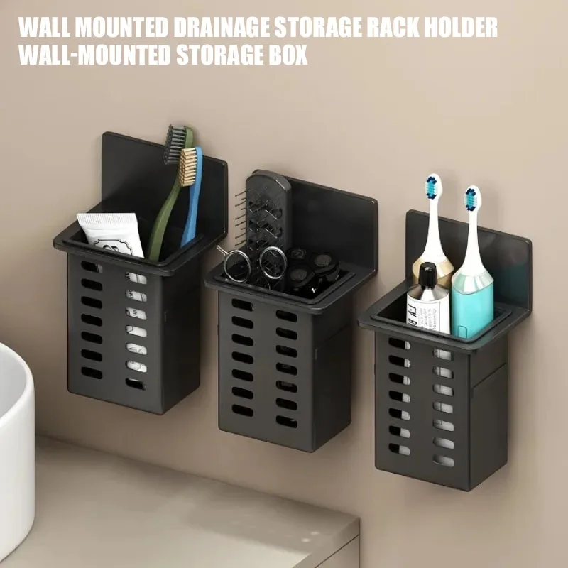 Black Wall-mounted Toothpaste & Toothbrush Holders. Storage box for bathroom items, phones & AC remotes. Traceless installation