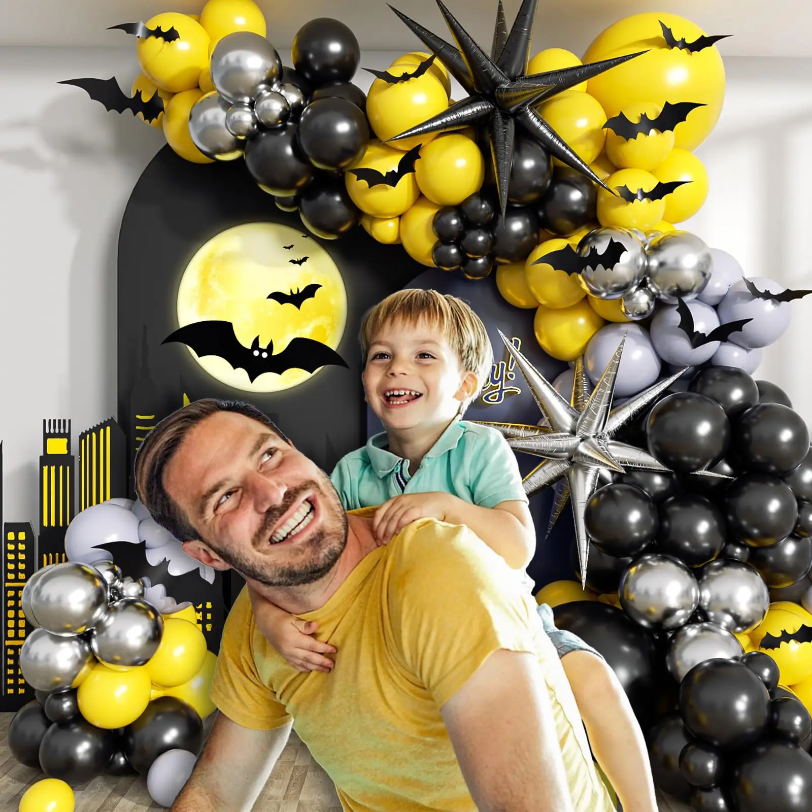 133PCS Black, Yellow, Silver Exploding Star Balloon Garland Set Boys Baby Shower Bat Halloween Themed Birthday Party Decorations