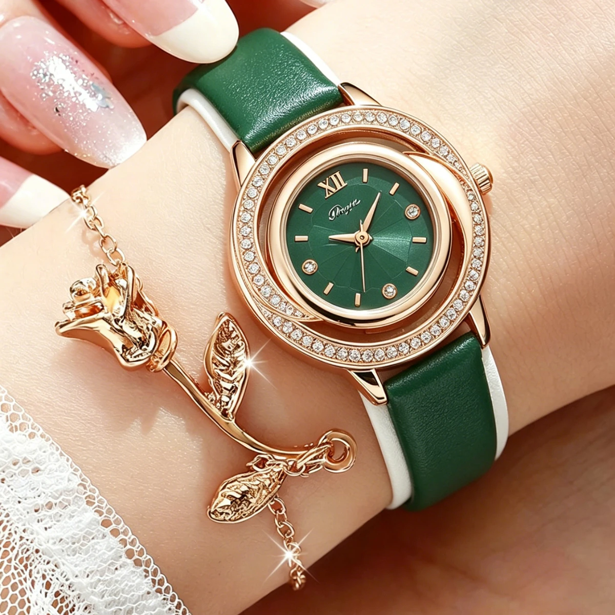 2pcs - Elegant Luxury Women's Quartz Watch Set Shining Rose Bracelet Women's GiftPaired with Diamond Dial Leather Watch