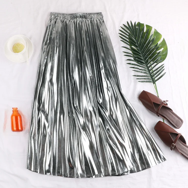 

2023 New Arrival Shiny Long Midi Skirts for Women Elastic Waist Metallic Elegant Fashion Golden Black Pink Skirt SS0039