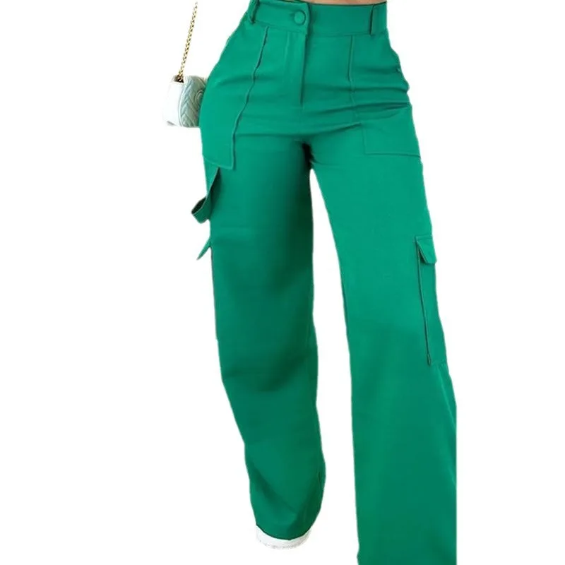 2023 New Women\'s Fashion Solid Pants Casual Patch Bag High Waist Wide Leg Green Workwear Pants