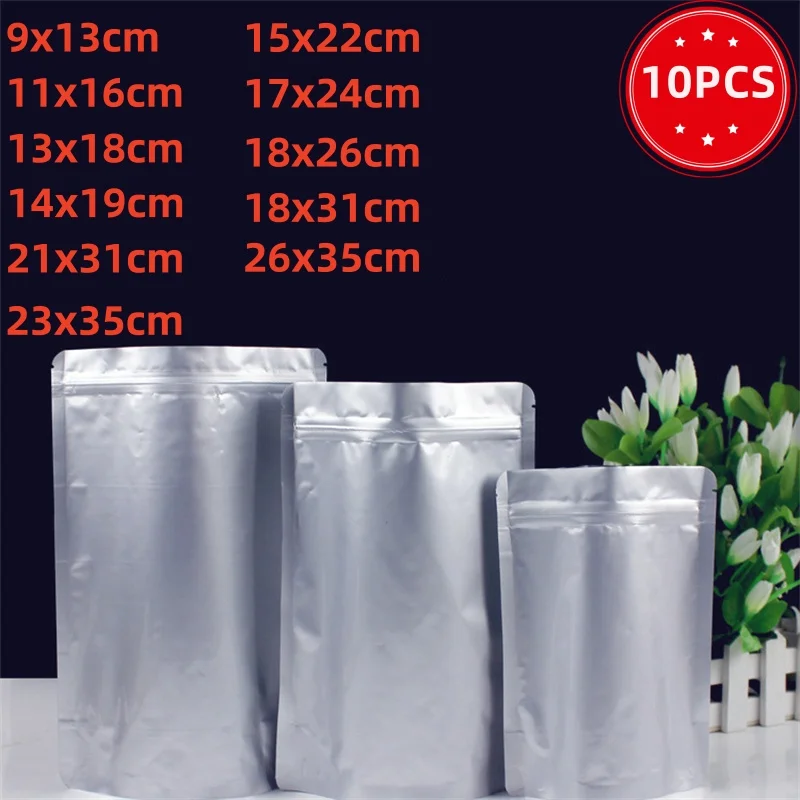 10pcs Self-supporting Zipper Seal Aluminum Foil Pouches, Food Grade Polyester Film, Multi-purpose Heat Sealable Packaging!