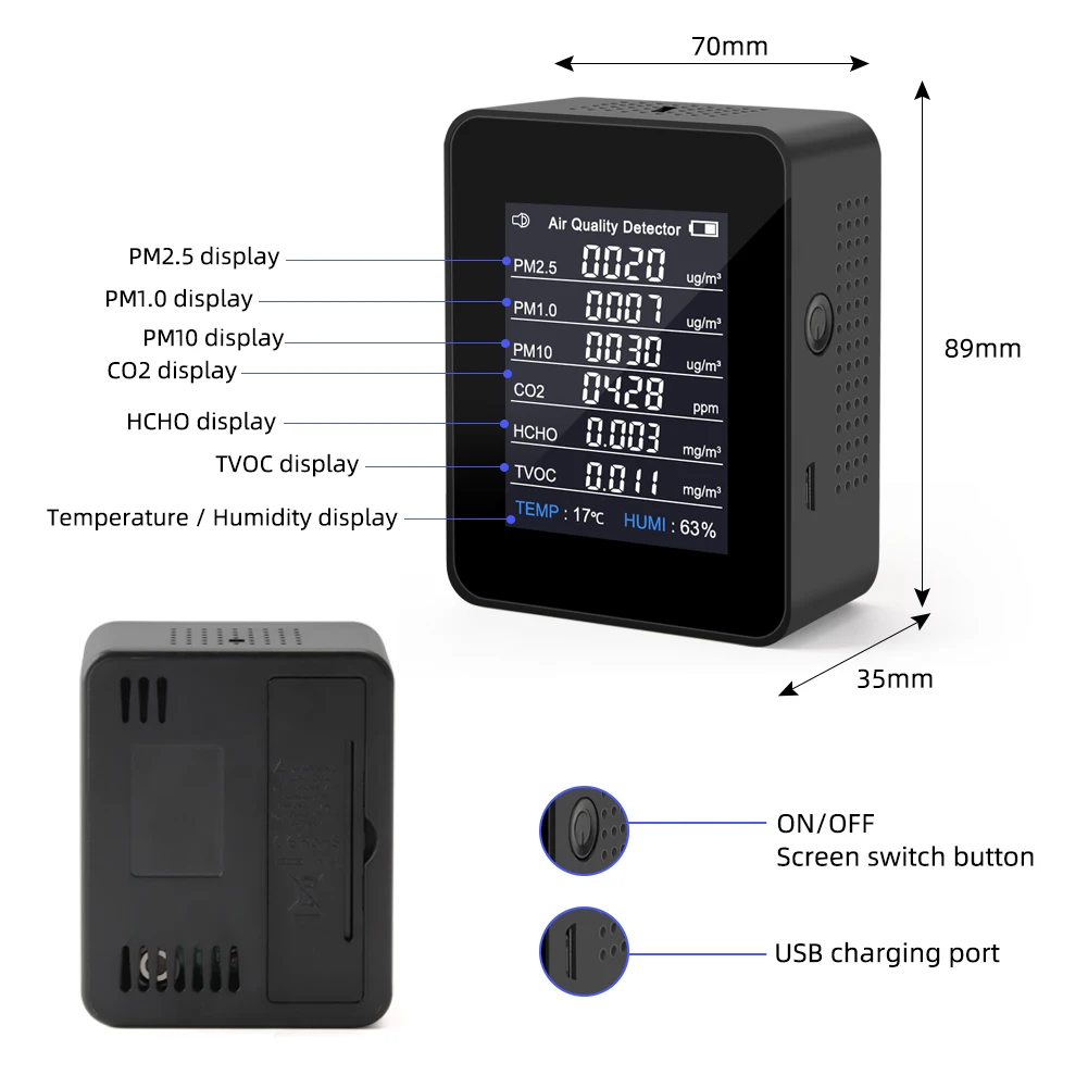 Compact Digital Air Meter for HCHO For PM2.5 For PM10 PM1.0 TVOC Temperature Humidity Monitoring and Safety Function