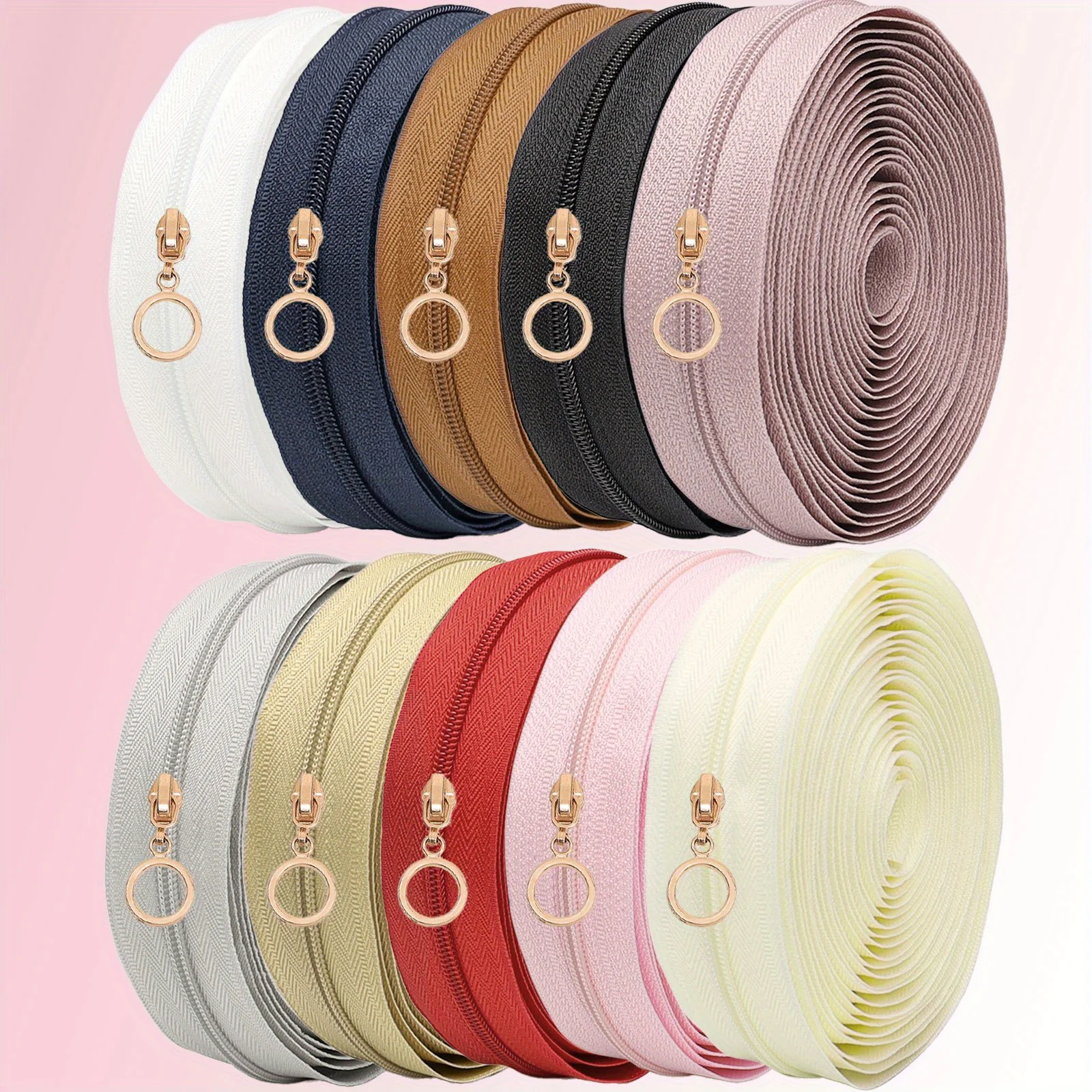 1 ensemble de fermeture éclair en Nylon taille 3 (plusieurs couleurs) avec 10 poignées de fermeture éclair circulaire en or clair-pour la couture à domicile, remplacement de fermeture éclair bricolage
