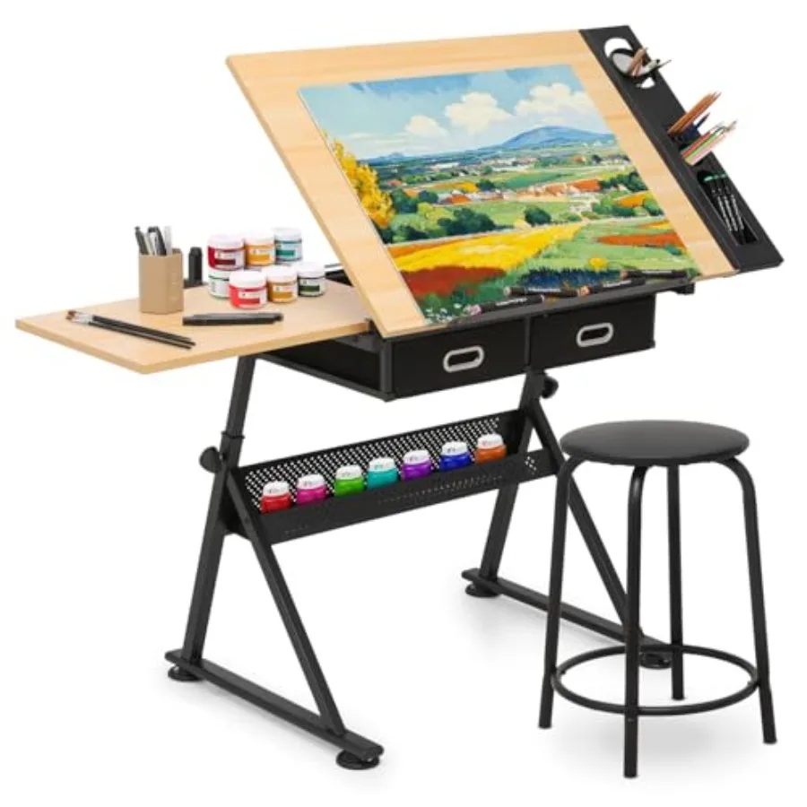 

Height Adjustable Drafting Table for Artists with Dual Desktop and Tiltable Design Metal Frame Art Desk in Natural Color Includ