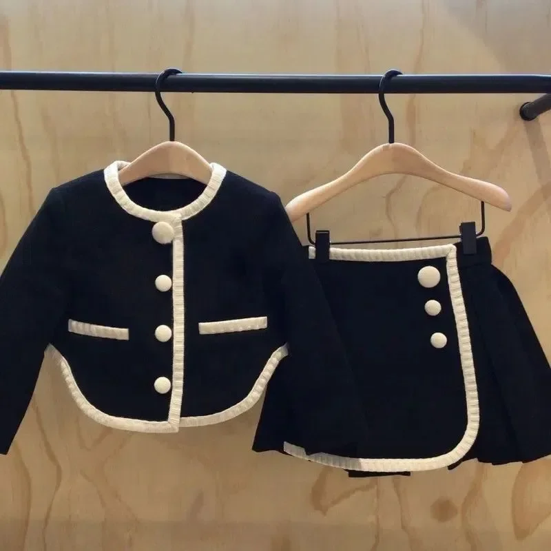 

Girls Clothes Set Spring and Autumn Black and White Trim Small Fragrance Set New Girl Baby Girl Clothes Suit Kids Clothes