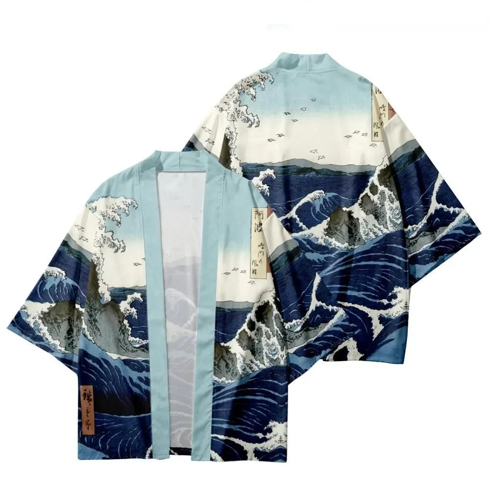 Fashion Unisex Japanese Kimono Ukiyo-e Great Wave Print 1/2 Sleeve Open Yukata Art Festival Beach Outerwear Trend Streetwear