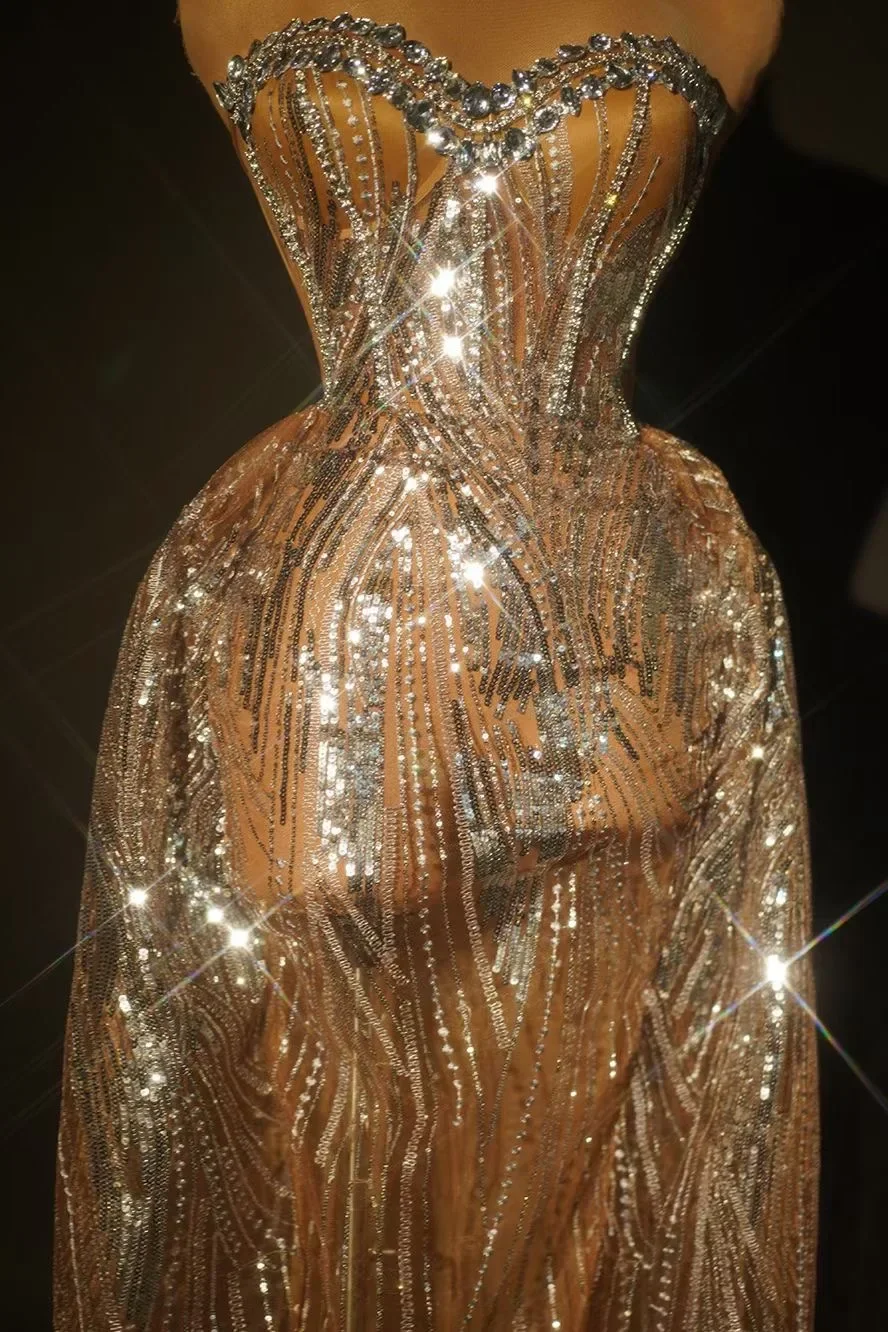 Party Dress Women Celebrity Silver Sequins Diamond Strapless Prom Gown Singer Two Pieces Stage Outfit Club Show Wear