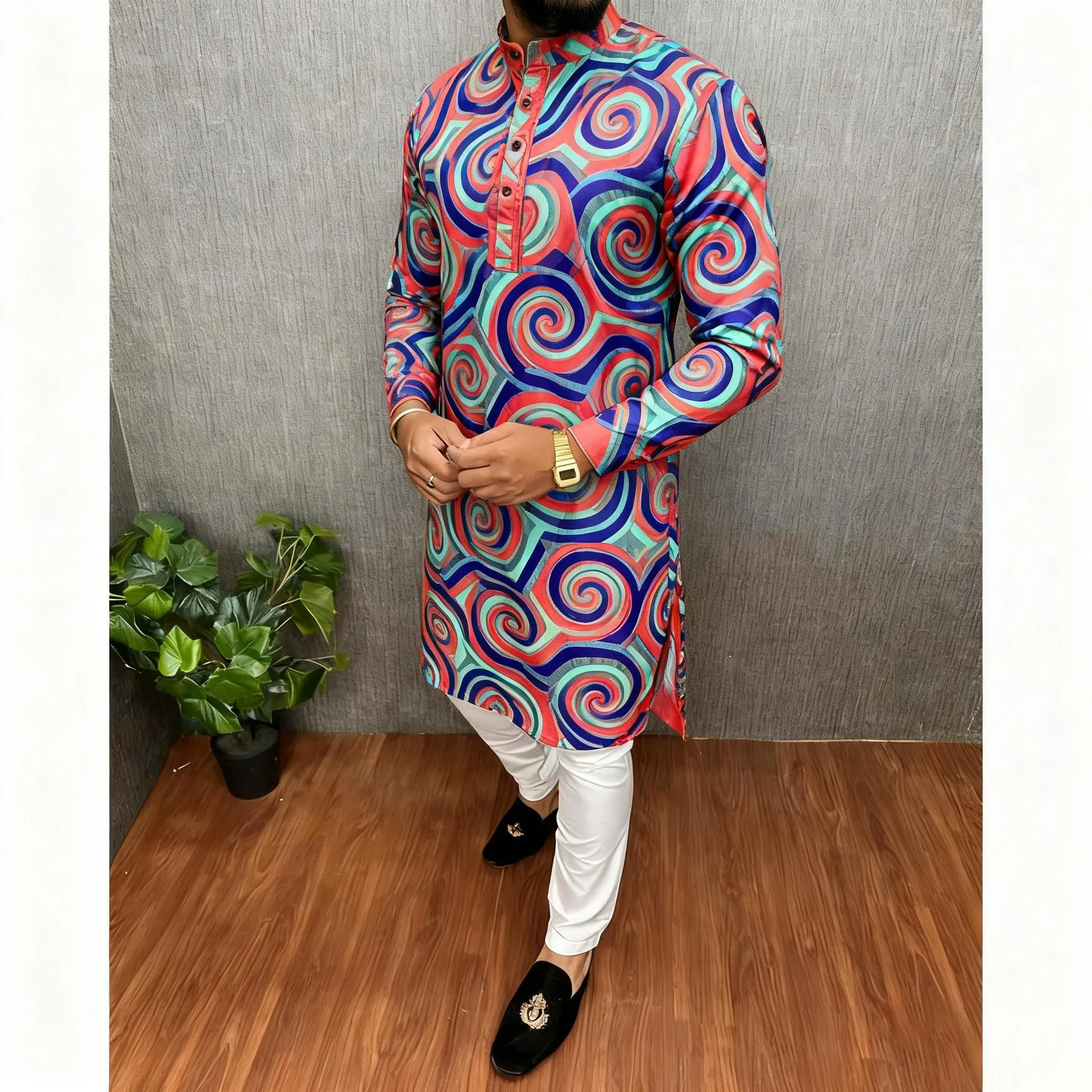 قمصان رجالية إسلامية بسيطة كاجوال قميص طباعة عرقية قميص طويل الأكمام بياقة واقفة دبي قفطان مغربي