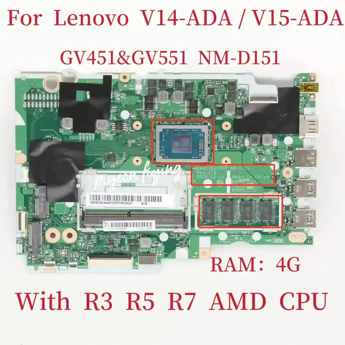 

GV451 GV551 NM-D151 Mainboard For Lenovo V14-ADA /V15-ADA Laptop Motherboard With R3 R5 R7 AMD RAM:4G FRU:5B20S44341 5B20S44342