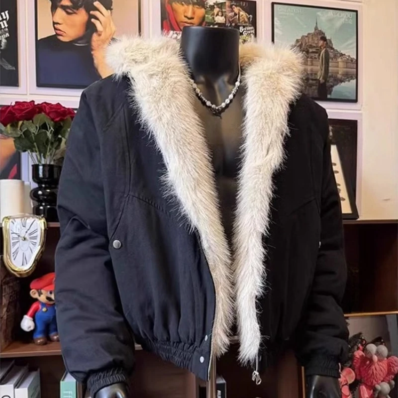 سترات قطنية عصرية بقلنسوة للرجال لشتاء 2025 سترات قصيرة فضفاضة ودافئة جديدة على الطراز الأمريكي سترات عصرية بأكمام طويلة #3