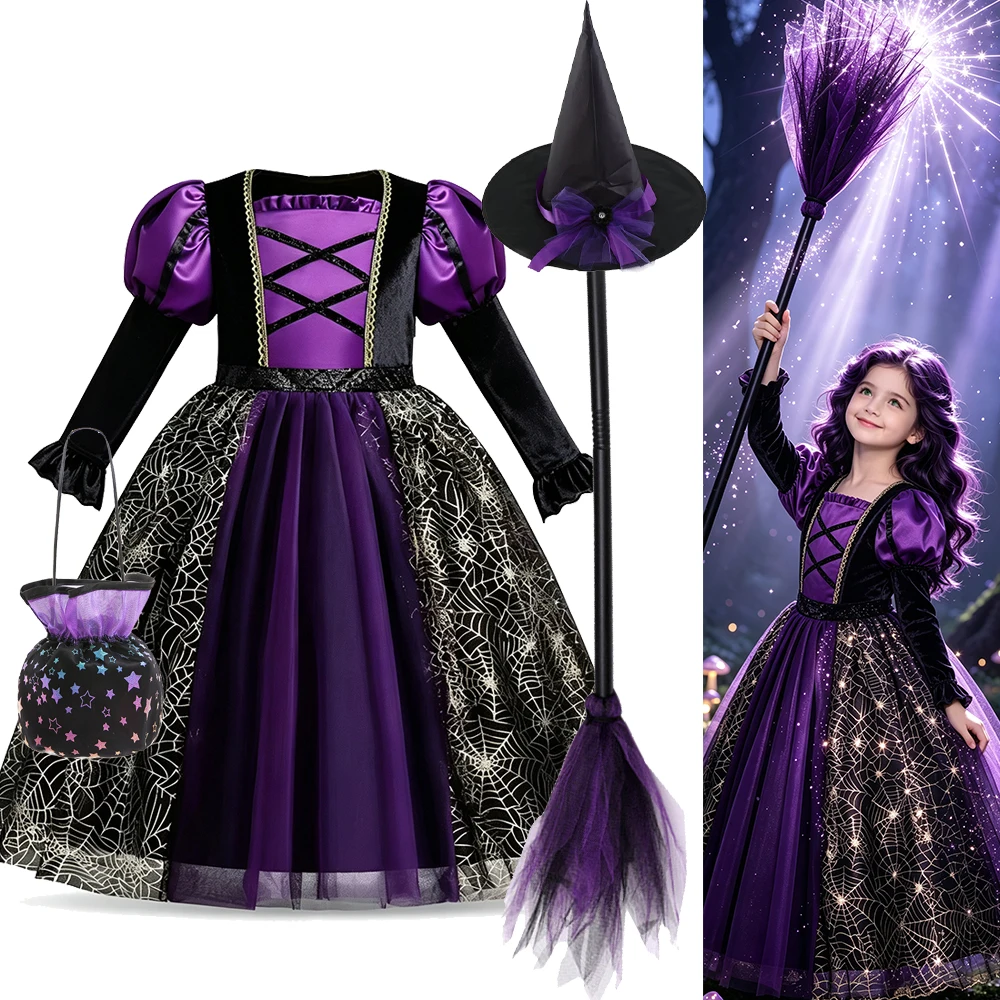 Schwarzes Hexenkostüm für Mädchen, Halloween-Kostüme, Karnevalsparty, Bühnenauftritt, Kinderkleid, Langarm-Outfit, 3 4 5 6 7 Jahre