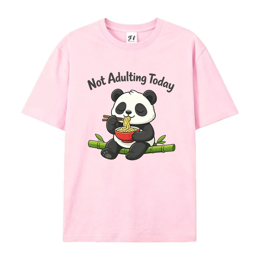 Women Not Adulting Today Cute Panda Eating Noodles Graphic T Shirt Short Sleeve Casual  Loose Cotton Tops