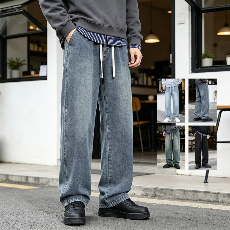 Autumn Winter Men's Baggy Jeans Loose Straight Denim Pants Work Drawstring Elastic Waist Vintage Streetwear Cargo Trousers Male