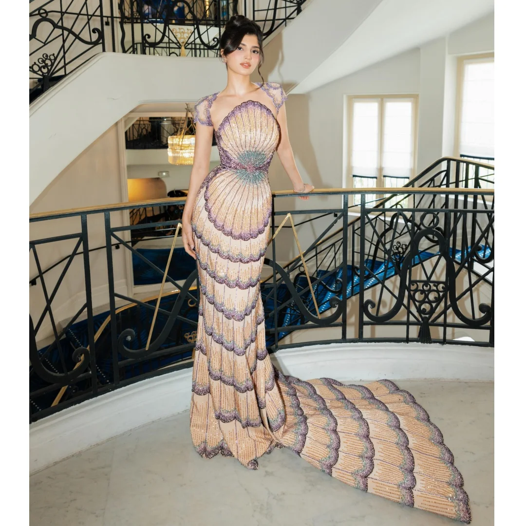 

Exquisite Evening Dresses Strapless Sequined Luxury Prom Dress Sweep Train Party Gown with Cape Gala Vestidos Customized
