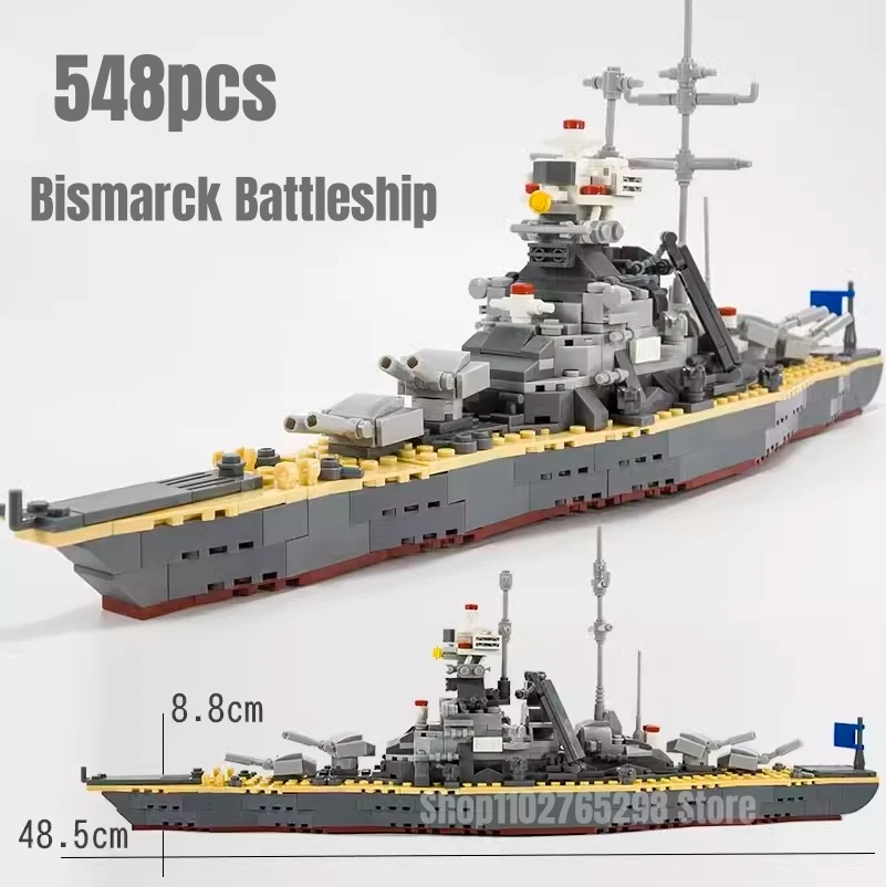 

548pcs WW2 Military Warships Series Bismarck Battleship Building Blocks Model Soldier Weapon Toys for Children